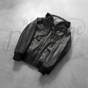 Chaqueta Bomber de Cuero Genuino Negro Premium para Hombre con Capucha - Prenda Exterior Casual de Piel de Oveja Genuina con Corte Ajustado y Ribete Acanalado - Product Image 2