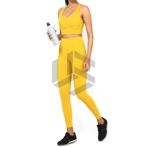 Ensemble de yoga pour femme couleur unie avec logo frontal, respirant et écologique, nouveau style, best-seller, ensemble 2 pièces en Spandex/Polyester taille haute - Product Image 4