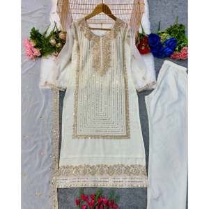 Salwar Kameez Blanco de Algodón de Diseñador de Moda Valam, Talla M, Incluye Hermosa Dupatta, Conjunto de Fiesta con Top y Pantalón - Product Image 5
