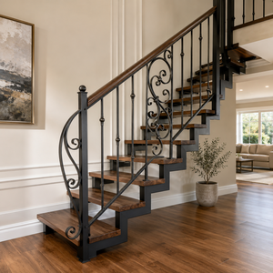 Rampe d'escalier décorative en fer forgé noir pour intérieur, main courante à motif festonné, panneau de garde-corps de balcon de luxe - Product Image 3
