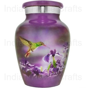 Purple Metal Cremation Urn <b>Keepsake</b> Cinerary Casket with Floral Hummingbird Lid Removable <b>Memorial</b> Urn - Product Image 3