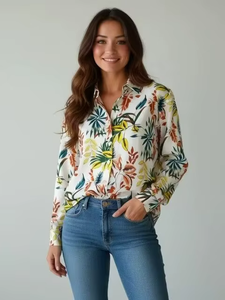 Hawaiian Vacation Style Summer Shirt for Women Retro Floral Beach Top with Elastic Loose Fit Lapel Collar <b>Polyester</b> - Product Image 5