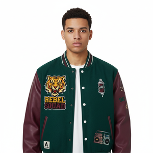 Blouson universitaire Rebel Squad pour homme, vert, manches en cuir PU, streetwear, design patchwork, logo appliqué sur le devant, col rabattu, automne - Product Image 4