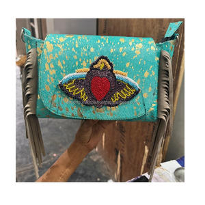 Sac de messager en cuir de vachette de style Boho pour femmes, sac de soirée fait à la main, sac de shopping, broderie, fermeture éclair, bohème indien - Product Image 2