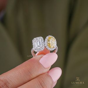Anillo Toi Et Moi con diamante cultivado en laboratorio certificado por IGI, oro amarillo/blanco y rosa, forma ovalada y esmeralda, anillo de compromiso para mujer - Product Image 1