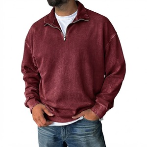 Sudadera de hombre color burdeos con lavado vintage, media cremallera, corte relajado, cuello alto, mezcla de algodón, manga larga, estilo casual urbano para otoño e invierno. - Product Image 4