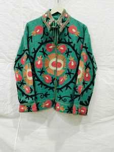 Veste à col mandarin brodée verte, manches longues, faite à la main, en laine et polyester, motif floral, pour femme, automne - Product Image 1
