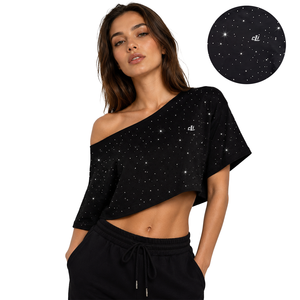 T-shirt court à strass tendance 2026 pour femme, coupe ample, épaules dénudées, élégant et scintillant pour l'été, personnalisable - Product Image 1