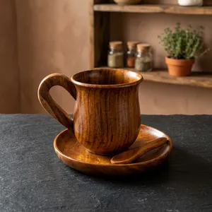 Handcrafted <b>Wooden</b> Coffee <b>Cup</b> with Saucer & Spoon Tea <b>Cup</b> Set Natural Wood Mug for Tea Coffee Home Kitchen Decor - Product Image 6