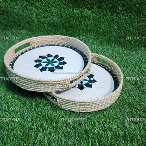 Aarzoo Luxe - Juego de Bandejas de Servir de Ratán con Incrustaciones de Nácar, Artesanía India Hecha a Mano, Lujo Asequible para la Hora del Té y la Recepción de Invitados - Product Image 1