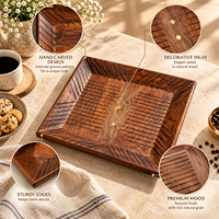 Plateau de service carré en bois naturel moderne de luxe, sculpté de motifs floraux |   Ensemble cadeau multifonctionnel pour table à manger décorative, cuisine, maison