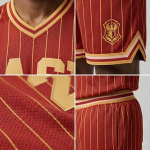 Ensemble de maillots de basket rétro personnalisés pour hommes, rouge et or à rayures fines, uniforme d'équipe vintage à col en V, short en mesh respirant - Product Image 4