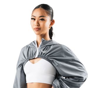 Women's Silver Gray Cropped Windbreaker <b>Jacket</b> Lightweight Full Zip Running <b>Workout</b> Gym Activewear Long Sleeve Sports <b>Jacket</b> - Product Image 2