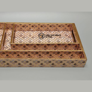 Geometrical Enamel Serving Tray Set of 3 MDF Wooden Decorative Tray Set Brown & Gold <b>Pattern</b> Serving Trays - Product Image 3
