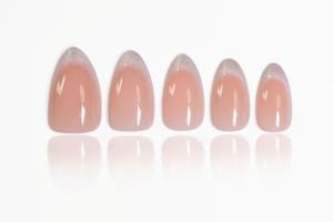 Faux ongles à presser personnalisés, chrome argenté, French manucure, nude laiteux, forme amande, en ABS, avec estampage doré, taille moyenne, vente en gros - Product Image 2