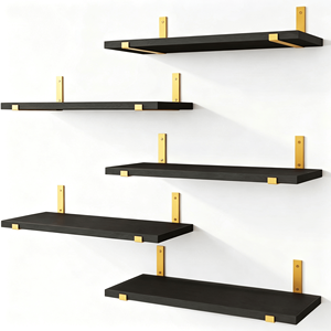 5 Pack Black Floating <b>Shelves</b> with Gold Brackets 15.85" <b>Rustic</b> Paulownia <b>Wood</b> Wall Mounted <b>Shelf</b> Set - Product Image 1