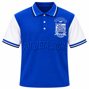 เสื้อโปโลสีน้ำเงินกรมท่า-ขาวสำหรับผู้ชาย แบรนด์ Phi Beta Sigma ปักลายตราสัญลักษณ์แบบนูน ตัวอักษรแบบนูน แขนสั้น คอปก เสื้อผ้าสำหรับสมาคมนักศึกษา - Product Image 3