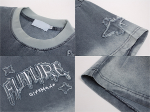 Camiseta de Mezclilla Oversize para Hombre, Manga Corta, Cuello Redondo, Color Degradado, Estilo Urbano, Largo Regular, Patrón Sólido, Tejido de Tela - Product Image 5