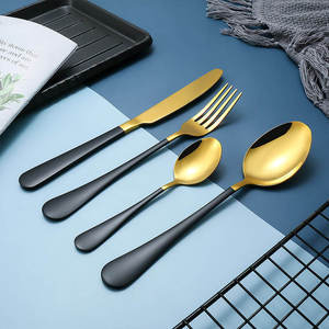 Ensemble de couverts de luxe en or, acier inoxydable, manche noir, cuillère, fourchette, couverts réutilisables, ensemble de vaisselle de mariage - Product Image 3