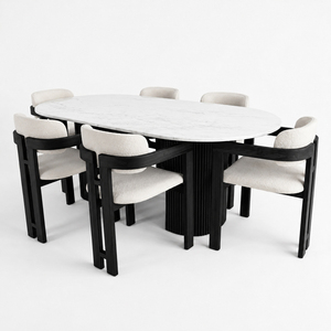 Ensemble de salle à manger moderne Aurevino en marbre ovale, pieds en bois, chaises rembourrées avec dossier en tissu, style scandinave, finition noire - Product Image 2