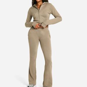 Ensemble de survêtement pour femme en coton 100% avec fermeture éclair, haut court, hiver, écologique, streetwear, couleur unie - Product Image 1