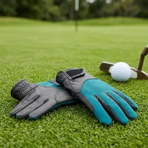 Gants de golf en cuir PU bleu sarcelle et noir avec paume antidérapante, gants de sport unisexes pour l'extérieur, fermeture à boucle et crochets - Product Image 4