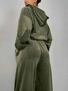 Custom Oversized Women Velour Zip Up Hoodie Wide Leg Pants Heavyweight <b>Velvet</b> <b>Tracksuit</b> Solid Color Baggy Streetwear <b>Tracksuit</b> - Product Image 2