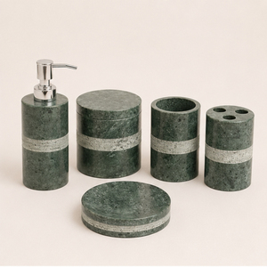 Green Marble Bathroom Accessory Set Handcrafted Natural Stone Soap Dispenser <b>Toothbrush</b> <b>Holder</b> and Vanity Canister for Hotel - Product Image 1