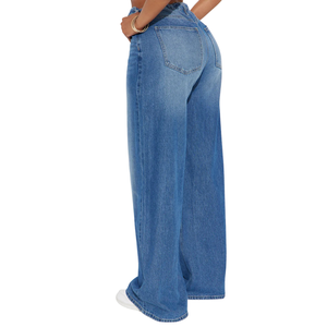 Jean en denim décontracté pour femme, taille mi-haute, coupe large, avec cordon de serrage, respirant, bleu délavé, idéal pour l'été, style streetwear - Product Image 2