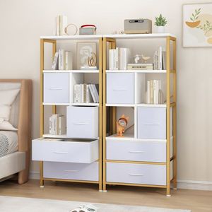 Libreria a 5 Ripiani in Legno con 4 Cassetti, Struttura in Truciolato e Ferro, Tessuto Non Tessuto, 60x30x147cm, Cornice Dorata, Pannello Bianco - Product Image 5