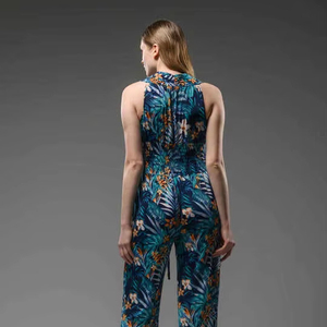 Combinaison en coton imprimé pour femmes, sans manches, col en V, taille élastique, coupe ample, tenue de plage décontractée - Product Image 3