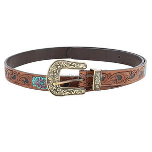 เข็มขัดหนังสไตล์ตะวันตกสำหรับทุกเพศพร้อมชุดหัวเข็มขัดแบบตะวันตกสลักลายดอกไม้สีแทนติดทนนานวัสดุพรีเมียม - Product Image 1