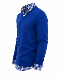 Pull en maille décontracté à col en V superposé pour homme avec col chemise, fabricant OEM ODM, 100 % coton, anti-boulochage - Product Image 3