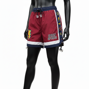 Shorts cortavientos de poliéster ligero de 130 GSM, color granate, blanco y azul marino, con bordado de logotipo personalizado para mujer. - Product Image 6