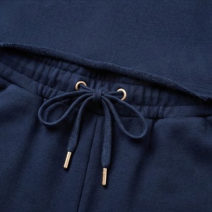 Ensemble 2 pièces pour femmes, short en coton bleu marine avec imprimé nuage orange, haut décontracté à col rond et short au-dessus du genou, printemps - Product Image 5