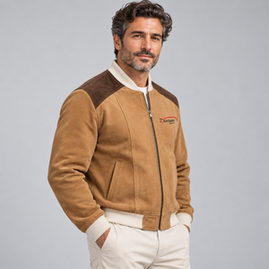 <b>Men's</b> <b>Suede</b> Bomber <b>Jacket</b> Casual Zipper Front Embroidered Logo Autumn Outerwear Regular Fit Stand Collar Bomber <b>Jacket</b> for <b>Men</b> - Product Image 3