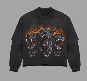 Sudadera Oversize de Cuello Redondo para Hombre, Negra, con Estampado de Llamas y Tres Perros, Estilo Casual Urbano, para Otoño - Product Image 3