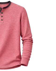 T-shirt thermique à manches longues pour homme, col Henley, rose poudré, décontracté, col boutonné, vêtement d'hiver, coton, coupe ajustée, tissu respirant - Product Image 4