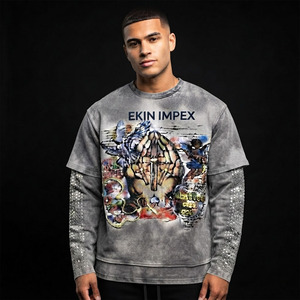 Camiseta Premium para Hombre, Gris, Lavado Ácido, con Diseño Gráfico en Capas, Estilo Urbano, Cuello en V, 100% Algodón, Corte Holgado, Mangas con Pedrería - Product Image 3