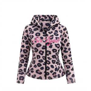Color Women <b>Zip</b> Up Athletic Hoodie Set Yellow Pink Leopard Print Slim Fit Jacket Custom Brand Logo OEM Wholesale Thumbhole - Product Image 2