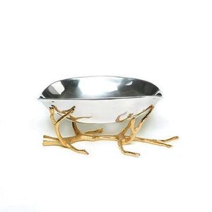 Cuenco de servir de acero inoxidable de 2 niveles con soporte de mimbre dorado |   Bandeja Moderna para Aperitivos con Diseño Floral |   Elegante Frutero para Fiestas de Boda - Product Image 6