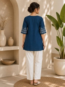 <b>Women</b> Blue Embroidered Cotton <b>Kurti</b> With White Palazzo Pants Casual Ethnic Wear Loose Fit Indian Pakistani Style Set - Product Image 3