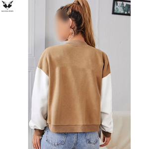 Excellent Fournisseur – Nouvelle Veste Teddy Femme OEM ODM, Couleur Unie, Manches Contrastantes, Col Rond, Manches Longues, Style Court - Product Image 6