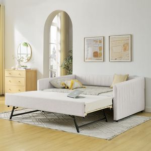 Divano letto matrimoniale in tessuto di lino beige con letto estraibile e strisce verticali imbottite (82,5"x58"x30") - Product Image 1