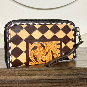 Rustic Western Hand Tooled Genuine Leather Checkered Pattern Cluche <b>Purse</b> Zipper With Luxury Flower Design Women's Daily Use - Product Image 3