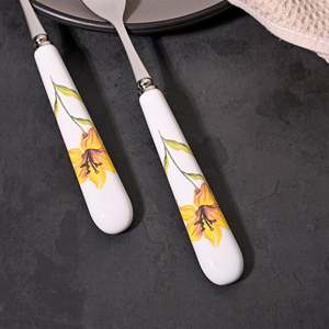 Ceramic & Steel Sunray Floral <b>Forks</b> (Set of 2) Kids Friendly Stainless Steel Handle for Dinner Fruit Food in Restaurant Use - Product Image 2