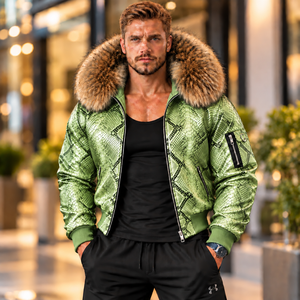 <b>Men's</b> Python Skin Leather Winter <b>Bomber</b> with Fur Hood High Fashion Moto Outerwear | Herren Lederjacke | Chaqueta Hombre Cureo - Product Image 3