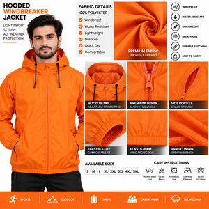 Chaqueta Cortavientos con Capucha para Hombre MANGOES FASHION, Color Naranja, Corte Regular, Color Sólido, Cierre Frontal con Cremallera, Tejido de Poliéster, Ropa de Invierno - Product Image 5