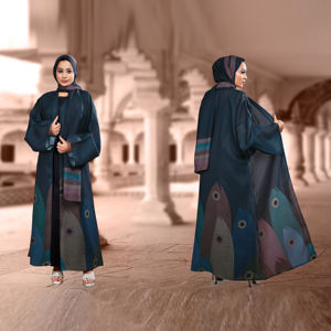 Abaya de lino con diseño artístico de estampado digital en el dobladillo, pañuelo a juego, elegante, modesta, larga hasta el suelo, estilo contemporáneo para mujer. - Product Image 1
