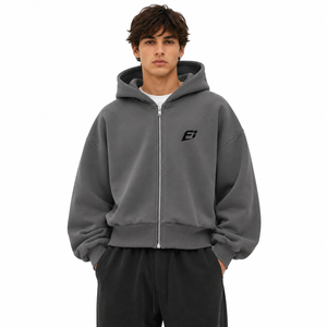 Men's Hoodies Wholesale Gray Oversized Hooded Zip-Up Sweatshirt Cotton Fleece Casual Autumn Wear Front Logo Print Regular Fit - Product Image 1